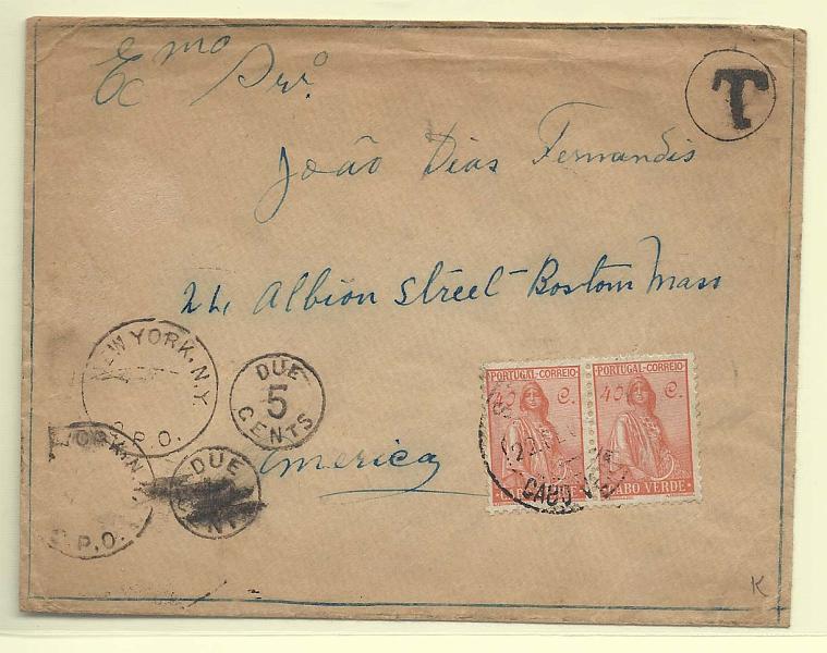 0210.jpg -     Lote:    210            Cabo Verde       Descrição:         1934 &mdash; Ceres. Novo tipo. Sopbrescrito circulado de S. Vicente (22.02.??) para Boston, insuficientemente franquiado com par de selos de 80c CE210. Foi porteado em 5c com selo fixo a preto.        Carta       Valor Base:     &euro; 30,00     Valor Venda:     Retirado     
