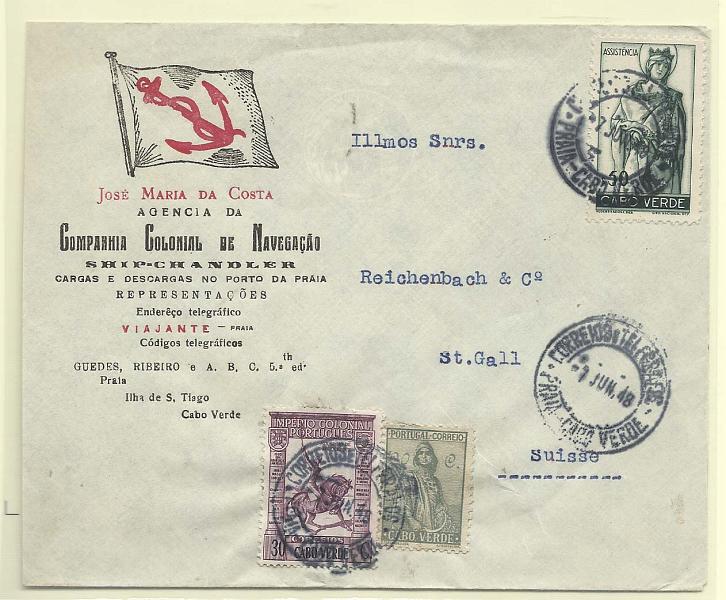 0213.jpg -     Lote:    213            Cabo Verde       Descrição:         1932/48 &mdash; Ceres, novo tipo + Império Colonial Português + Assistência * Rainha Santa Isabel. Sob rescrito circulado da Praia (01.06.48) para St. Gall com selos de 20c CE203, 30c CE223 E IMPOSTO POSTAL DE $50 CE IP4. MB e MR.         Carta       Valor Base:     &euro; 75,00     Valor Venda:     Retirado     