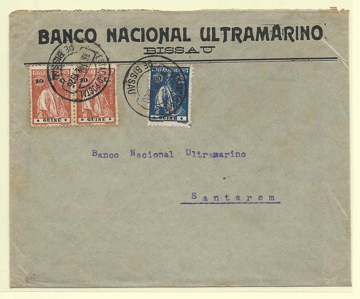 0216.jpg -     Lote:    216            Guiné       Descrição:         1914/22 &mdash; Ceres. Sobrescrito circulado de Bissau (16.04.26) para Santarém (03.05.26) com selos de 2x10c CE152 e 60c azul CE185.        Carta       Valor Base:     &euro; 40,00     Valor Venda:     Retirado     