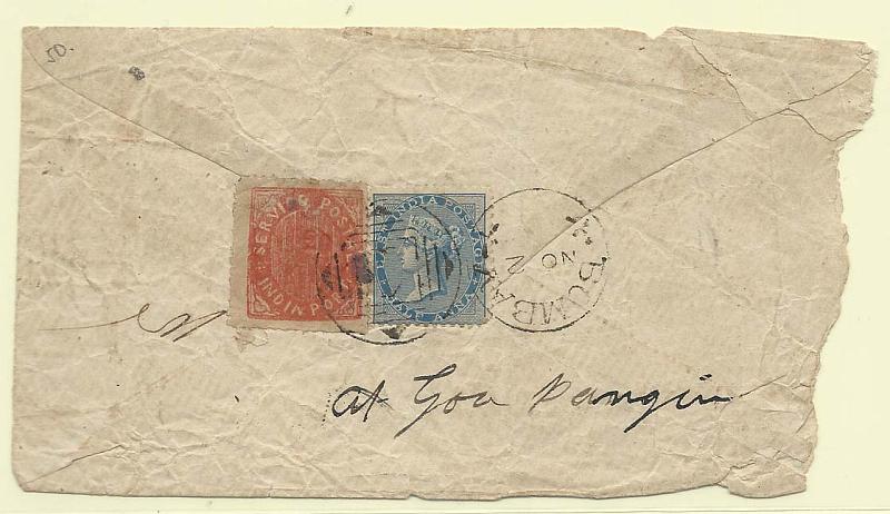 0221.jpg -     Lote:    221            Índia Portuguesa       Descrição:         1875 &mdash; Nativos. Tipo IIA. CE25, 20 reis  vermelho em sobrescrito circulado de Bombaim (02.11.75) para Pangim (04.11.75) para pagamento do porte territorial + selo de &frac12; anna azul pelo porte inglês.        Carta       Valor Base:     &euro; 150,00     Valor Venda:     Retirado     