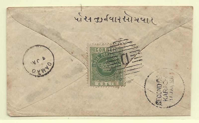 0222.jpg -     Lote:    222            Índia Portuguesa       Descrição:         1882 &mdash; Tipo Coroa. Valores em moeda local. CE117, 6 reis verde em sobrescrito circulado de Damão (7.01.86) para Karachi (17.01.86). Carimbo literal "D" e tipo "thimble" de "DAMÃO". MB e R.        Carta       Valor Base:     &euro; 140,00     Valor Venda:     &euro; 170,00       