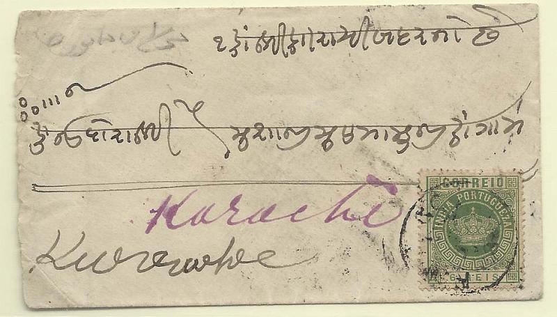 0223.jpg -     Lote:    223            Índia Portuguesa       Descrição:         1882 &mdash; Tipo Coroa. Valores em moeda local. CE117, 6 reis verde, denteado 13 &frac12;, em carta circulada de Margão para Karachi (09.12.85).        Carta       Valor Base:     &euro; 180,00     Valor Venda:     &euro; 200,00       
