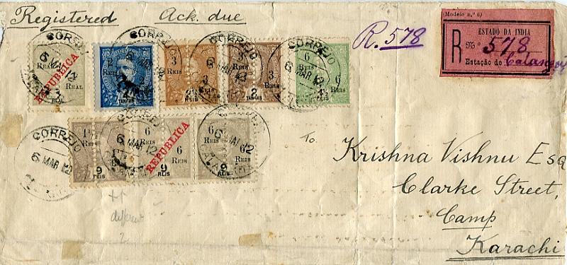 0224.jpg -     Lote:    224            Índia Portuguesa       Descrição:         1911/12 &mdash; D. Carlos I, com sobretaxa, perfurados ao meio + D. Carlos I, com sobretaxa e sobrecarga REPUBLICA, perfurados ao meio. Sobrescrito circulado registado de Calangute (06.03.12 &mdash; erro no mês) para Karachi (11.12.13) com trânsito por Nova Goa (06.12.12) com selos inteiros CE217, 219, 220, 221, 235, 236, 238 e 245. B e MR.        Carta       Valor Base:     &euro; 75,00     Valor Venda:     &euro; 85,00       