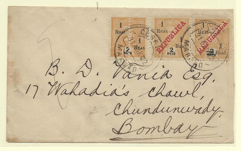 0226.jpg -     Lote:    226            Índia Portuguesa       Descrição:         1911/13 &mdash; D. Carlos I Mouchon perfurados ao meio + D. Carlos I Mouchon com sobrecarga REPUBLICA perfurados ao meio. Sobrescrito circulado de Margão (31.03.12) para Bombay (03.04.12), com 3 selos inteiros de 1+1 real s/ 2 reis CE230 + 1+1 real s/ 2 reis CE239 + 1+1 real s/ 2 reis CE240. MB e R.        Carta       Valor Base:     &euro; 15,00     Valor Venda:     &euro; 26,00       
