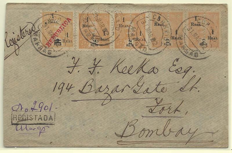 0227.jpg -     Lote:    227            Índia Portuguesa       Descrição:         1911/1913 &mdash; D. Carlos I Mouchon, perfurados "a meio" + D. Carlos I Mouchon com sobrecarga REPUBLICA da Casa da Moeda, perfurados "na diagonal". Sobrescrito circulado registado de Margão (31.03.12) para Bombaim (08.04.12) com selos inteiros CE240 + 4xCE230 + 4xCE239 + CE208. MB.        Carta       Valor Base:     &euro; 35,00     Valor Venda:     &euro; 35,00       