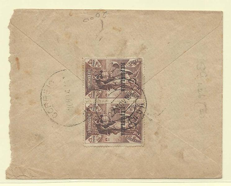 0231.jpg -     Lote:    231            Índia Portuguesa       Descrição:         1913 &mdash; 4.º Centenário do Descobrimento do Caminho Marítimo para a Índia, com sobrecarga REPUBLICA. Sobrescrito circulado de Pondá (22.11.14) para Pangim com par de selos de 2 tangas CE251.        Carta       Valor Base:     &euro; 30,00     Valor Venda:     &euro; 35,00       