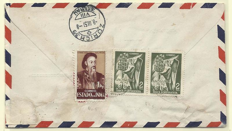 0237.jpg -     Lote:    237            Índia Portuguesa       Descrição:         1946/50 &mdash; Motivos históricos + Ano Santo. Sobrescrito circulado registado de Goa para Zurique (08.03.51) com selos de 1R CE383 e 2x2T CE406,        Carta       Valor Base:     &euro; 10,00     Valor Venda:     &euro; 14,00       