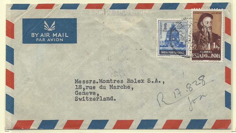 0238.jpg -     Lote:    238            Índia Portuguesa       Descrição:         1946/51 - Motivos históricos + Tricentenário do Nascimento do Padre José Vaz. Sobrescrito circulado de Goa (03.10.52) para Geneve (08.10.52) com selos de 1R CE383 e 1T CE419,        Carta       Valor Base:     &euro; 10,00     Valor Venda:     Retirado     