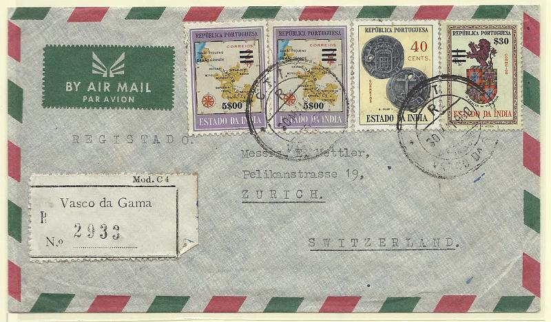 0239.jpg -     Lote:    239            Índia Portuguesa       Descrição:         1959 &mdash; Selos de 1946 a 1958, com sobretaxa + Moedas. Sobrescrito circulado registado de Vasco da Gama (30.05.60) para a Suiça (, com trânsito por Goa (30.05.60) com selos de 430 s/ 1T CE493, par de 5$00 s/ 2R CE487 e 40c CE509.        Carta       Valor Base:     &euro; 15,00     Valor Venda:     &euro; 18,00       