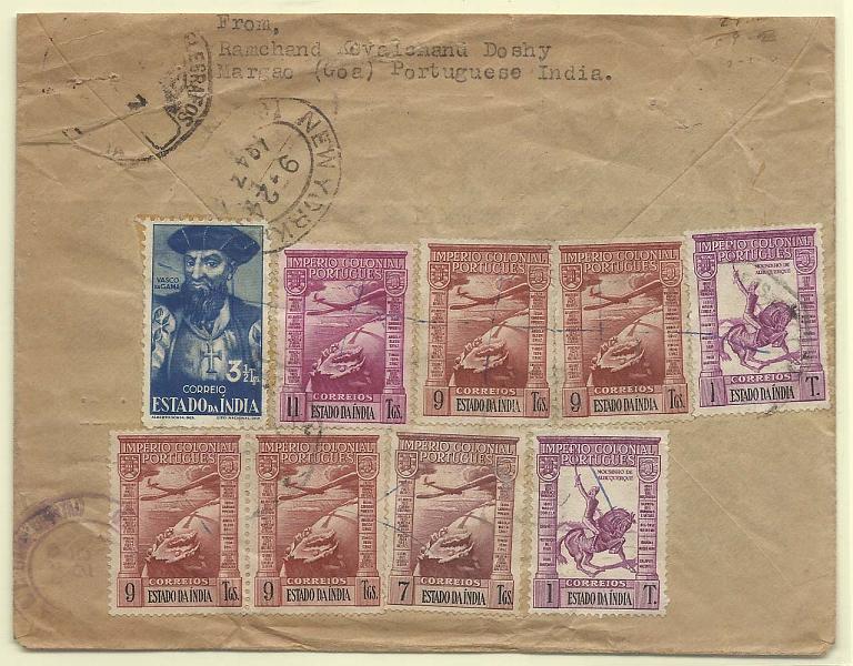 0240.jpg -     Lote:    240            Índia Portuguesa       Descrição:         1938/48 &mdash; Império Colonial Português * Correio Aéreo + Motivos Históricos. Sobrescrito circulado registado por via aérea de Margão para Nova York, com selos de: 2x1T CE353 + 3 &frac12; T CE382 + 7T, 4x9T e 11T CE CA5, 7 e 8.        Carta       Valor Base:     &euro; 15,00     Valor Venda:     &euro; 22,00       