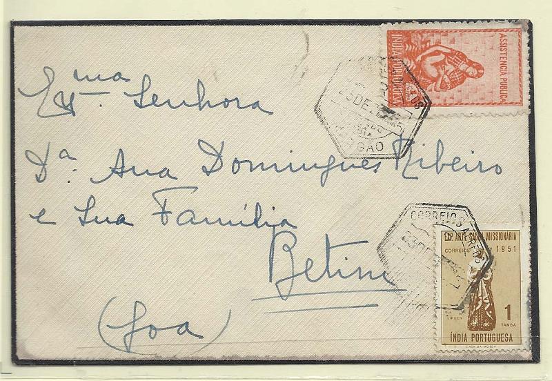 0241.jpg -     Lote:    241            Índia Portuguesa       Descrição:         1948/56 &mdash; Imposto Postal * Assistência Pública + Exp. Arte Sacra Missionária. Sobrescrito circulado de Margão (25.12.56) para Betim, com selo de 1T CE432 e 1T rosa carmim CE IP7. R.         Carta       Valor Base:     &euro; 25,00     Valor Venda:     &euro; 130,00       