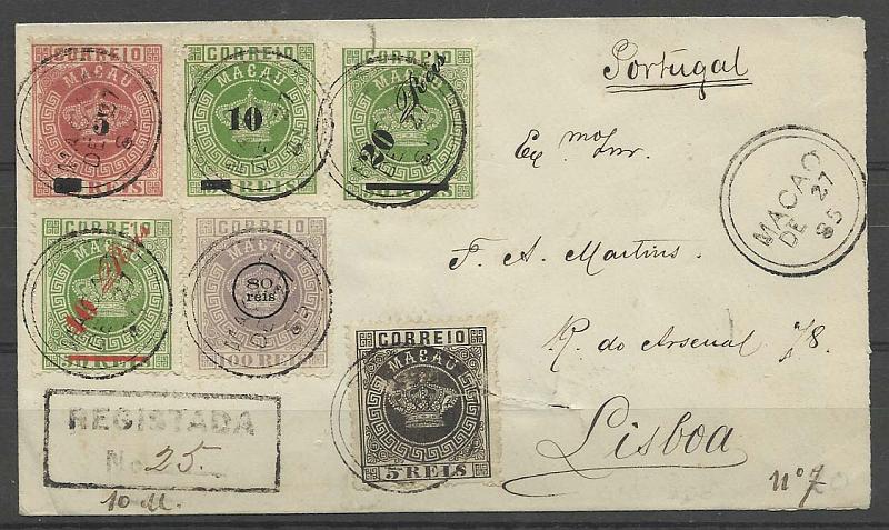 0242.jpg -     Lote:    242            Macau       Descrição:         1884/85 &mdash; Tipo Coroa + Tipo Coroa, com sobretaxa. Sobrescrito circulado registado de Macau (27.12.85) para Lisboa (03.02.86) com selo de 5 reis preto, denteado 12 &frac12;, CE1, selo de 80 reis s/100 reis lilás, denteado 12 &frac12;, CE10 + selos de 5 s/ 25 reis rosa, 10 s/ 50 reis verde, 20 s/ 50 reis verde e 40 s/ 50 reis verde, todos em denteado 12 &frac12;, CE11, 13/15. Porte total de 160 reis (1.º porte + prémio de registo). MB e MR.        Carta       Valor Base:     &euro; 5,000,00     Valor Venda:     &euro; 7.500,00       