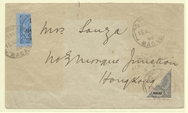 0244.jpg -     Lote:    244            Macau       Descrição:         1902/03 &mdash; D. Carlos I Diogo Neto, com sobretaxa + D. Carlos I Mouchon. Sobrescrito circulado de Macau (15.08.10) para Hong Kong (15.08.10) com selos bipartidos de 6a s/ 200 reis CE117 + 3 avos CE130.        Carta       Valor Base:     &euro; 15,00     Valor Venda:     &euro; 24,00       