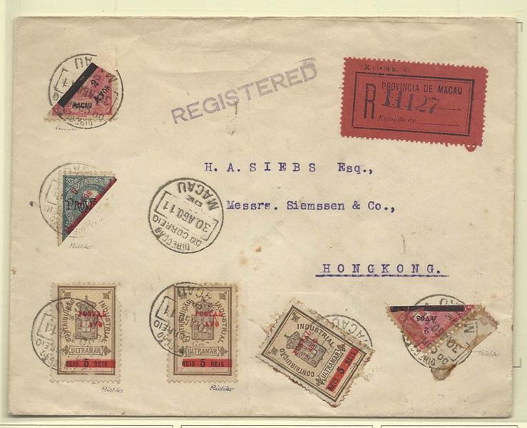 0246.jpg -     Lote:    246            Macau       Descrição:         1911 &mdash; Estampilha fiscal, com sobretaxa + D. Carlos I, com sobretaxa. Sobrescrito circulado registado de Macau (30.08.11) para Hong Kong (31.08.11) com 3 selos de 1 avo s/ 5 reis CE144 + 2 selos bipartidos de 2 avos s/ 4 avos CE145 + selo bipartido de 2 avos s/ 10 avos CE146. MB e R.        Carta       Valor Base:     &euro; 100,00     Valor Venda:     Retirado     