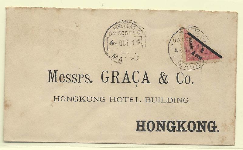 0247.jpg -     Lote:    247            Macau       Descrição:         1911 &mdash; D. Carlos I Mouchon, com sobretaxa. CE145, 2 s/ 4 avos. Selo bipartido em carta circulada de Macau (04.10.11) para Hong Kong (05.10.11). MB.        Carta       Valor Base:     &euro; 125,00     Valor Venda:     Retirado     