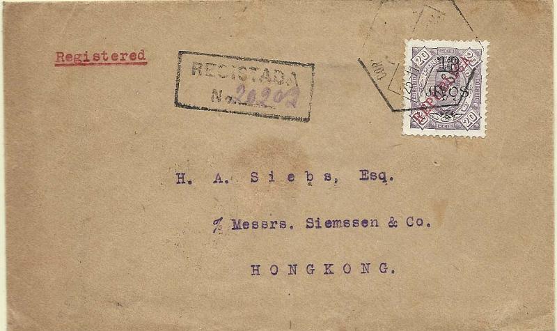 0248.jpg -     Lote:    248            Macau       Descrição:         1913 &mdash; D. Carlos I, tipo Diogo Neto, com sobrecarga REPUBLICA tipografada localmente.. CE177, 18 avos s/ 20 reis violeta, em carta circulada registada de Macau (25.11.13) para Hong Kong (26.11.13). MB e MR.        Carta       Valor Base:     &euro; 120,00     Valor Venda:     Retirado     