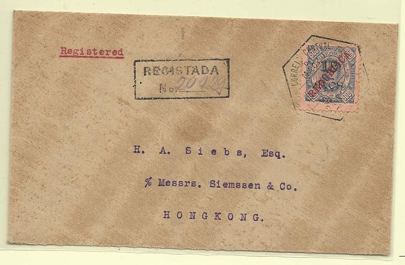 0249.jpg -     Lote:    249            Macau       Descrição:         1913 &mdash; D. Carlos I Diogo neto com sobretaxa e sobrecarga REPUBLICA. CE181, 18 avos s/ 300 reis azul s/ laranja em carta circulada registada de Macau (24.11.13) para Hong Kong (25.11.13). MB e R.        Carta       Valor Base:     &euro; 100,00     Valor Venda:     Retirado     