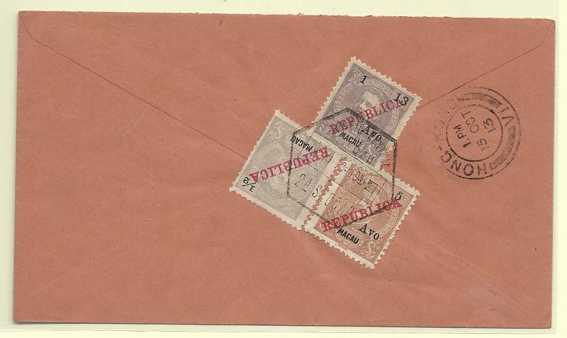 0250.jpg -     Lote:    250            Macau       Descrição:         1911/13 &mdash; D. Carlos I Mouchon, com sobrecarga REPUBLICA da Casa da Moeda + D. Carlos I com sobrecarga REPUBLICA local, com sobretaxa. Sobrescrito circulado de Macau (14.10.13) para Hong Kong (15.10.13) com selos de &frac12; avo CE149, &frac12; s/ 5 avos CE198 e 1 avo s/ 13 avos CE200. MB e MR.        Carta       Valor Base:     &euro; 250,00     Valor Venda:     Retirado     
