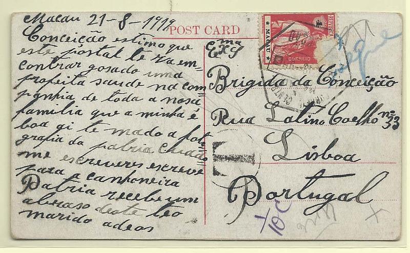 0251.jpg -     Lote:    251            Macau       Descrição:         1913 &mdash; Ceres. CE213, 4c carmim. Postal ilustrado da Canhoneira "Pátria" circulado de Macau (21.08.1919) para Lisboa. Por o selo estar incompleto foi porteado em Lisboa.        PI       Valor Base:     &euro; 20,00     Valor Venda:     &euro; 42,00       