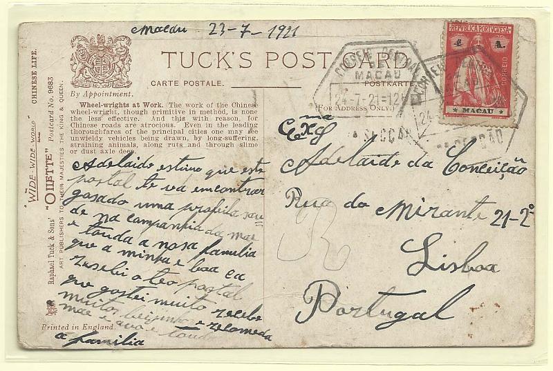 0252.jpg -     Lote:    252            Macau       Descrição:         1913 &mdash; Ceres. CE213, 4 avos carmim (estrelas I/I), papel pontinhado, em postal ilustrado circulado de Macau (24.07.21) para Lisboa.        PI       Valor Base:     &euro; 10,00     Valor Venda:     &euro; 10,00       