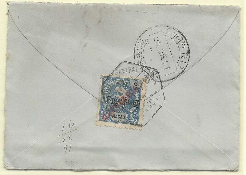 0253.jpg -     Lote:    253            Macau       Descrição:         1915 &mdash; D. Carlos I Mouchon som sobrecargas "PROVISORIO" e "REPUBLICA" da Casa da Moeda. CE240, 8 avos azul, em sobrescrito circulado de Macau (16.03.21) para Torres Novas (25.04.21).        Carta       Valor Base:     &euro; 30,00     Valor Venda:     &euro; 50,00       