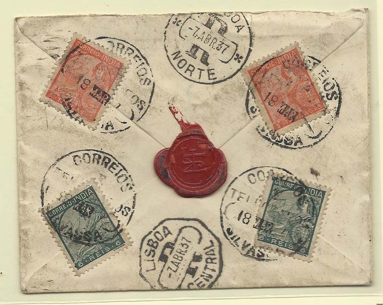 0255.jpg -     Lote:    255            Macau       Descrição:         1933 &mdash; Tipo Padrões. Sobrescrito circulado registado de Silvassa (18.03.37) para Lisboa (07.04.37) com dois selos de 6 reis CE336 + dois selos de 5 tangas CE343.        Carta       Valor Base:     &euro; 20,00     Valor Venda:     &euro; 50,00       