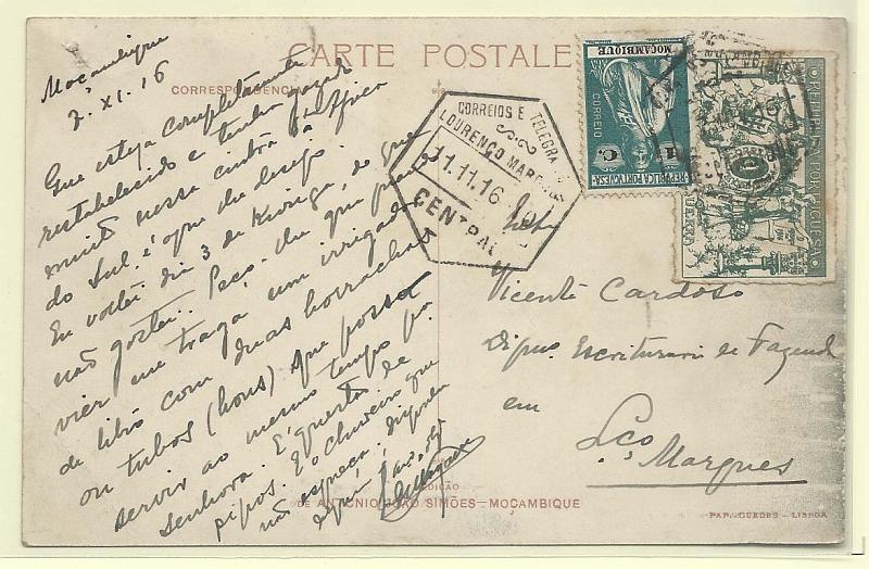 0260.jpg -     Lote:    260            Moçambique       Descrição:         1914/16 &mdash; Ceres + Imposto Postal * Taxa de Guerra. Postal ilustrado circulado de Moçambique (07.11.16) para Lourenço Marques (11.11.16) com selo de 1c verde CE155 + Taxa de Guerra 1c verde CE IP1.        IP       Valor Base:     &euro; 10,00     Valor Venda:     &euro; 10,00       