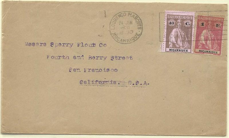 0261.jpg -     Lote:    261            Moçambique       Descrição:         1914/22 &mdash; Ceres. Sobrescrito circulado de L. Marques (24.06.31) para os EUA com selos de 40 c castanho s/ salmão, papel porcelana CE166 + selo de 1E carmim rosa CE245.         Carta       Valor Base:     &euro; 20,00     Valor Venda:     Retirado     