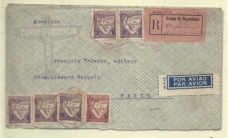 0262.jpg -     Lote:    262            Moçambique       Descrição:         1933 &mdash; Lusíadas. Lote de duas cartas: uma circulada de Nampula (14.04.37) para França com selos de 80c e 1$00 CE281, 283 + etiqueta de sobretaxa aérea mod.13 CE CA6, com valor de 3$50 + carta remetida registada de Inharrime (19.07.36) para Paris com selos de 2x10c + 1$00 + 3x2$00 CE272, 283 e 285. Carimbo de INHARRIME batido a vermelho.        Carta       Valor Base:     &euro; 20,00     Valor Venda:     &euro; 22,00       