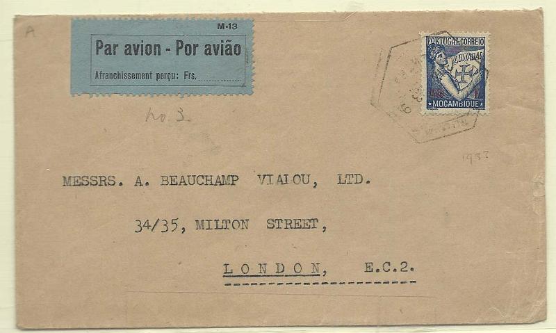 0263.jpg -     Lote:    263            Moçambique       Descrição:         1935 &mdash; Lusíadas + Sobretaxa do Correio Aéreo. Sobrescrito circulado de L. Marques para Londres com selo de 1$40 CE284 + etiqueta mod- 13.        Carta       Valor Base:     &euro; 10,00     Valor Venda:     &euro; 28,00       