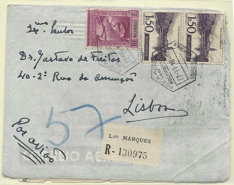 0267.jpg -     Lote:    267            Moçambique       Descrição:         1938/49 &mdash; Império Colonial Português + Vistas de Moçambique. Sobrescrito circulado registado de Lourenço Marques (27.11.48) para Lisboa (02.12.48) com selo de 10$00 CE CA9 + par de 1$50 CE334. B.        Carta       Valor Base:     &euro; 8,00     Valor Venda:     Retirado     