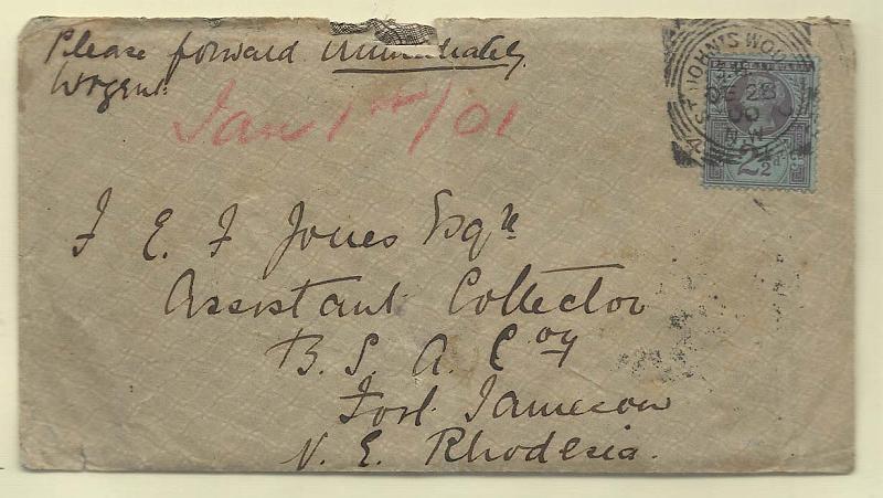 0269.jpg -     Lote:    269            Moçambique       Descrição:         1901 &mdash; Sobrescrito circulado de St. Johnston (28.12.00) para ForthJameson * Rodésia (01.03.01, com trânsito pela Beira (31.01.01), Chinde (03.02.01), Cinde BCA (04.02.01) e Zomba BCA (16.02.01), com selo de 2 &frac12; c. Carimbo batido a preto de "CHINDE B.C.A." da estação postal inglesa no Chinde, autorizada pelas autoridades portuguesas. MB e R.        Carta       Valor Base:     &euro; 90,00     Valor Venda:     Retirado     