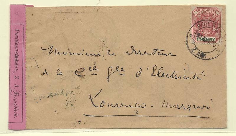 0270.jpg -     Lote:    270            Moçambique       Descrição:         1899 &mdash; Sobrescrito circulado de Witbank (22.11.99) para Lourenço Marques (05.11.99 com trânsito por Hilldelbourg (02.11.99) e Pretória (03.11.99) onde foi censurada.         Carta       Valor Base:     &euro; 50,00     Valor Venda:     Retirado     