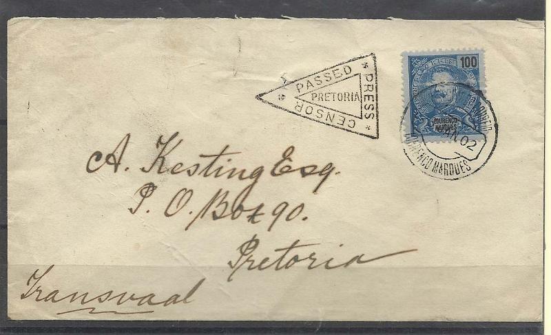 0272.jpg -     Lote:    272            Lourenço Marques       Descrição:         1898/1901 &mdash; D. Carlos I Mouchon. CE41, 100 reis azul em sobrescrito circulado de L. Marques (23.01.02) para Pretória (03.02.02). Censurada em Pretória.        Carta       Valor Base:     &euro; 6,00     Valor Venda:     &euro; 8,00       