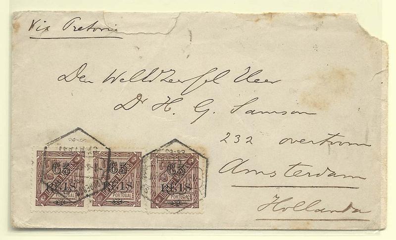 0273.jpg -     Lote:    273            Lourenço Marques       Descrição:         1902 &mdash; D. Carlos I, com sobretaxa. CE52, 65 reis s/ 2 &frac12; reis castanho. Três selos (triplo porte) em carta circulada de L. Marques (01.04.05) para Amesterdão (23.04.05).        Carta       Valor Base:     &euro; 30,00     Valor Venda:     Retirado     