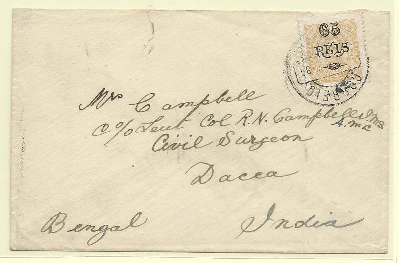 0274.jpg -     Lote:    274            Lourenço Marques       Descrição:         1893/94 &mdash; D. Carlos I, tipo Diogo Neto, com sobretaxa. Sobrescrito circulado de Lourenço Marques para Dacca na Índia Inglesa (21.10.03), com selo de 65 reis s/ 5 reis CE53.        Carta       Valor Base:     &euro; 25,00     Valor Venda:     Retirado     