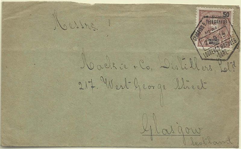 0276.jpg -     Lote:    276            Lourenço Marques       Descrição:         1903 &mdash; D. Carlos I, Mouchon. CE71, 50 reis castanho sobre carta remetida de L- Marques (22.09.15) para Glasgow.        Carta       Valor Base:     &euro; 20,00     Valor Venda:     Retirado     