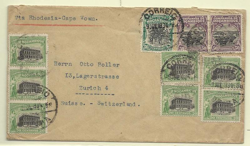 0279.jpg -     Lote:    279            Companhia de Moçambique       Descrição:         1918/25 &mdash; Motivos locais. Sobrescrito circulado da beira (09.07.34) para Zurique ( com selos de 7x20c verde CE128 + 30c CE156 + 2x50c CE158. B.        Carta       Valor Base:     &euro; 50,00     Valor Venda:     &euro; 75,00       