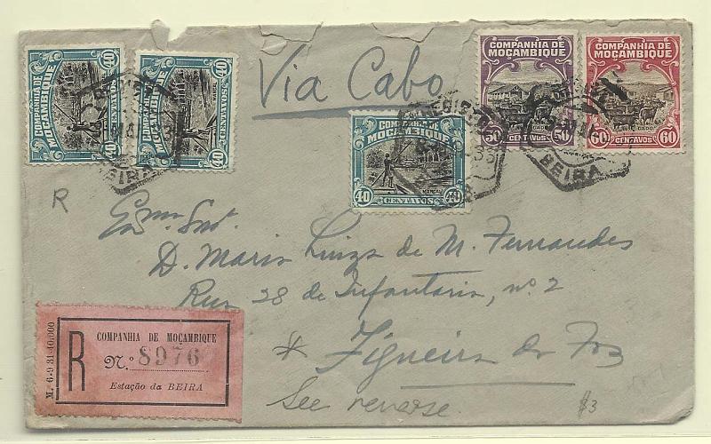 0280.jpg -     Lote:    280            Companhia de Moçambique       Descrição:         192&frac12;5 &mdash; Motivos locais. Sobrescrito circulado registado da beira (09.05.33) para a Figueira da Foz (29.05.33) com selos de 3x40c CE157 + 50c CE158 + 60c CE148. B e R.        Carta       Valor Base:     &euro; 25,00     Valor Venda:     &euro; 65,00       