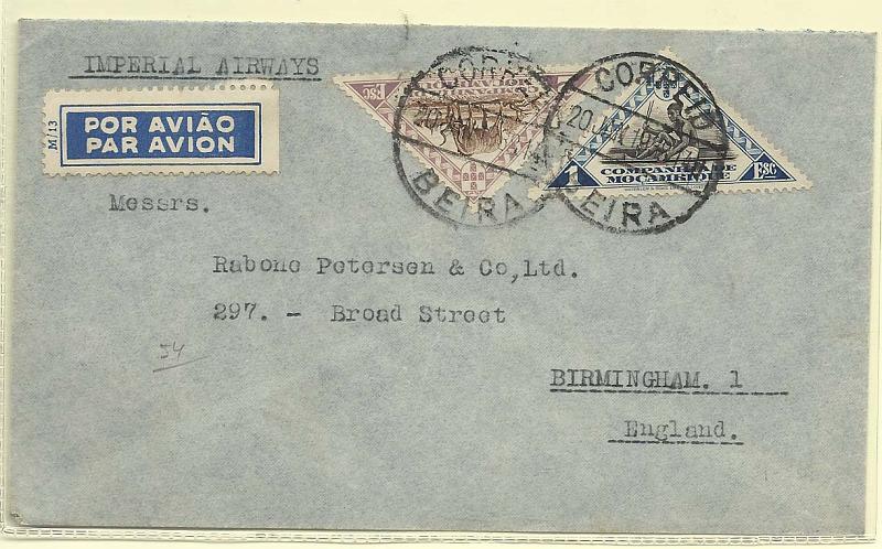 0282.jpg -     Lote:    282            Companhia de Moçambique       Descrição:         1937 &mdash; Motivos locais. Sobrescrito circulado da Beira (20.01.39) para Inglaterra com selos de 1 e 2E CE185, 187. B.        Carta       Valor Base:     &euro; 12,00     Valor Venda:     &euro; 50,00       