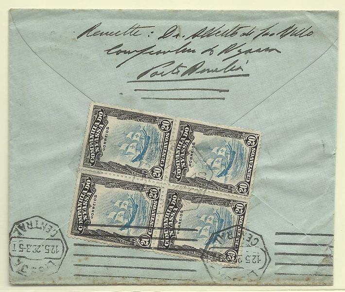 0288.jpg -     Lote:    288            Companhia do Niassa       Descrição:         192&frac12;3 &mdash; Motivos diversos. Sobrescrito circulado de Porto Amélia (17.04.28) para Lisboa, com quadra de 20c CE119, perfazendo o porte de 80c (primeiro porte para Portugal). MB e MR.        Carta       Valor Base:     &euro; 200,00     Valor Venda:     &euro; 750,00       