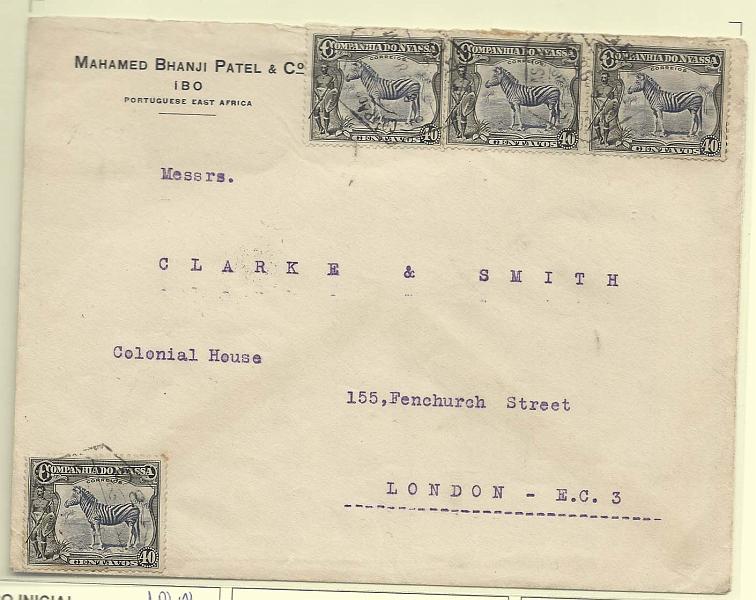 0289.jpg -     Lote:    289            Companhia do Niassa       Descrição:         192&frac12;3 &mdash; Motivos diversos. Sobrescrito circulado do Ibo (03.06.29) para Londres, com 4 selos de 40c CE121..        Carta       Valor Base:     &euro; 150,00     Valor Venda:     &euro; 320,00       