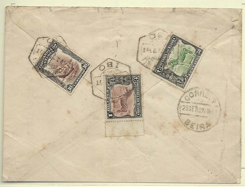0291.jpg -     Lote:    291            Companhia do Niassa       Descrição:         192&frac12;3 &mdash; Motivos diversos. Sobrescrito circulado do Ibo (17.09.28) para Londres, com trânsito pela Beira (25.09.28), com selos de 10c, 50c e 1E, CE117, 122 e 123.        Carta       Valor Base:     &euro; 150,00     Valor Venda:     &euro; 260,00       