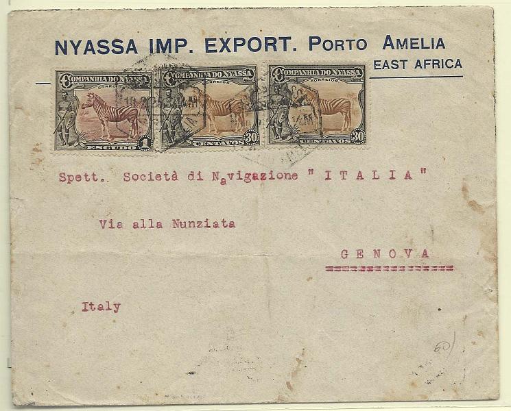 0292.jpg -     Lote:    292            Companhia do Niassa       Descrição:         192&frac12;3 &mdash; Motivos diversos. Sobrescrito circulado de Porto Amélia (10.02.25) para Génova (24.03.25) com selos de 2x30c CE120 e 1$00 CE123. B e R.         Carta       Valor Base:     &euro; 150,00     Valor Venda:     &euro; 340,00       