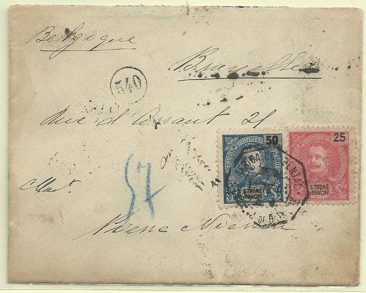 0293.jpg -     Lote:    293            São Tomé e Príncipe       Descrição:         1898/1903 &mdash; D. Carlos I Mouchon. Sobrescrito circulado registado de S. Tomé (01.12.09) para Bruxelas, com trânsito por Lisboa (15.12.04) com selos de 5, 2x50 e 25 reis CE44, 49 e 88. MB e R.        Carta       Valor Base:     &euro; 100,00     Valor Venda:     Retirado     