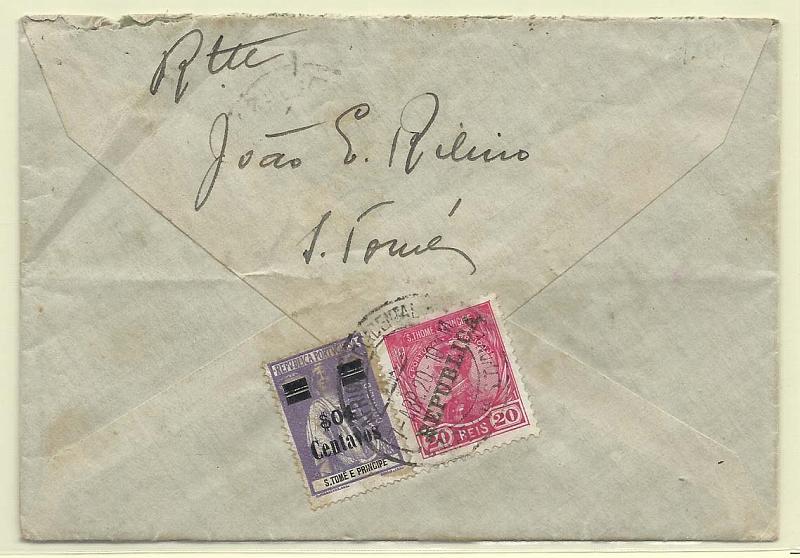 0294.jpg -     Lote:    294            São Tomé e Príncipe       Descrição:         1912/19 &mdash; D. Manuel II, com sobrecarga Republica + Ceres, com sobretaxa. Sobrescrito circulado de S. Tomé (04.04.1920) para Lisboa com selos de 20 reis CE114 e $04 s/ 2 &frac12; c CE234. MB e R.        Carta       Valor Base:     &euro; 75,00     Valor Venda:     &euro; 110,00       