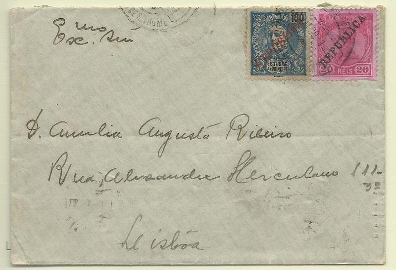 0295.jpg -     Lote:    295            São Tomé e Príncipe       Descrição:         1912/20 &mdash; D. Manuel II, com sobrecarga REPUBLICA + D. Carlos I com sobrecarga REPUBLICA local. Sobrescrito circulado de S. Tomé (26.05.20) para Lisboa (11.06.20) com selos de 20 reis CE114 e 100 reis CE236. MB e R.        Carta       Valor Base:     &euro; 100,00     Valor Venda:     Retirado     