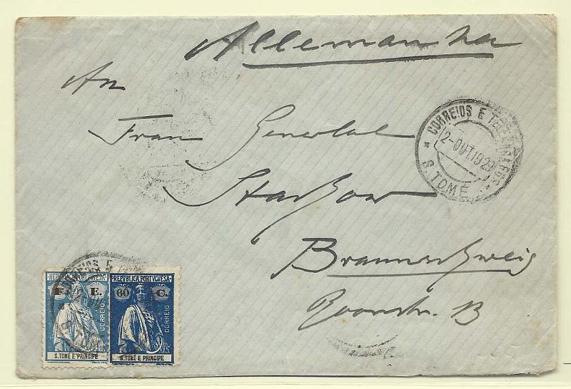 0296.jpg -     Lote:    296            São Tomé e Príncipe       Descrição:         1922/26 &mdash; Ceres. Sobrescrito circulado de S. Tomé (02.10.29) para a Alemanha (02.11.29) com selos de 60c azul CE256 e 1E azul CE273. MB.        Carta       Valor Base:     &euro; 22,00     Valor Venda:     Retirado     