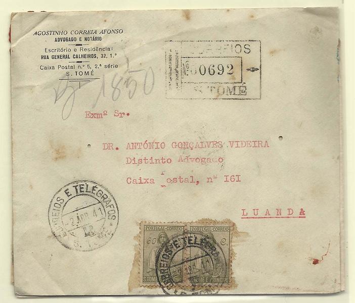 0297.jpg -     Lote:    297            São Tomé e Príncipe       Descrição:         1934/38 &mdash; Ceres, novo tipo + Império Colonial. Lote composto por 3 cartas circuladas de S. Tomé para Luanda com selos de 60c (par) CE288 + 30+70C CE324, 329 + 50C CE327. Lote a ver.        Lote       Valor Base:     &euro; 10,00     Valor Venda:     Retirado     