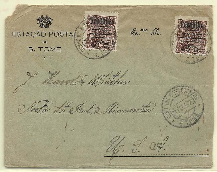 0298.jpg -     Lote:    298            São Tomé e Príncipe       Descrição:         1925 &mdash; D. Carlos I, com sobrecarga REPUBLICA e sobretaxa. Sobrescrito circulado de S. Tomé (27.04.26) para os EUA com dois selos de 40c s/ 400 reis s/ 2 &frac12; reis castanho + par vertical de 40c s/ 400 reis s/ 80 reis verde CE266/267. MB e MR.        Carta       Valor Base:     &euro; 75,00     Valor Venda:     Retirado     